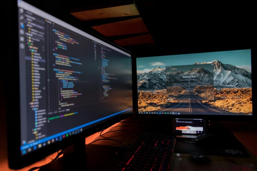 Developer workstation with dual monitors — custom software development