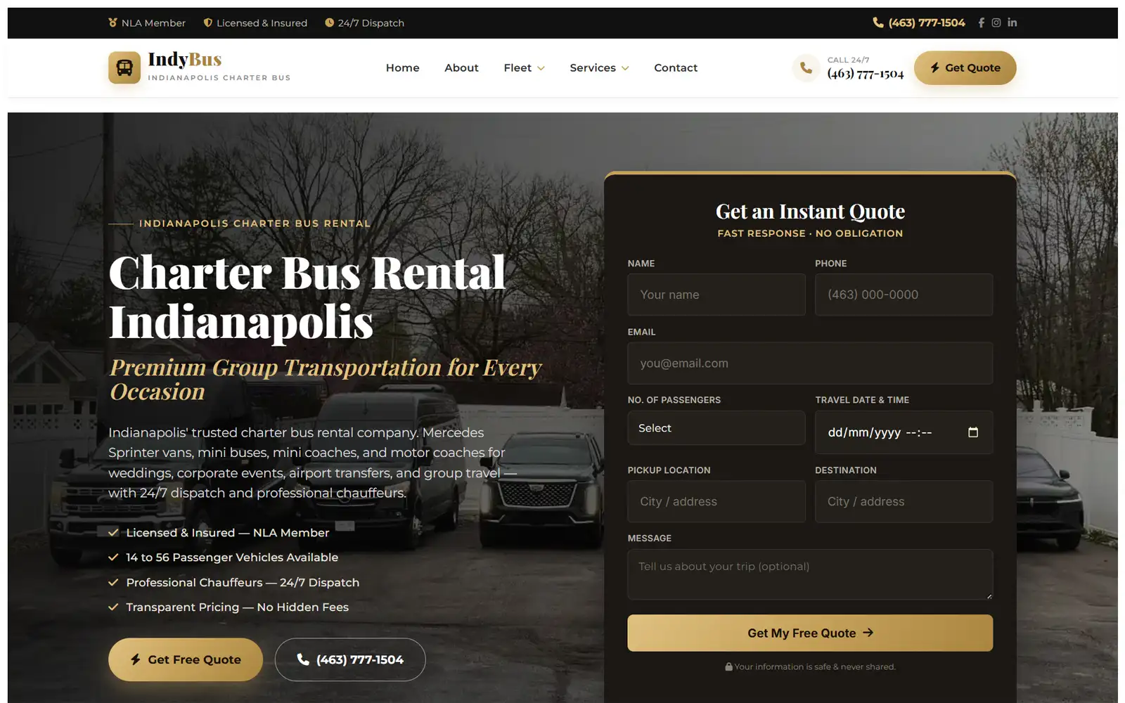 Indy Bus corporate charter service website